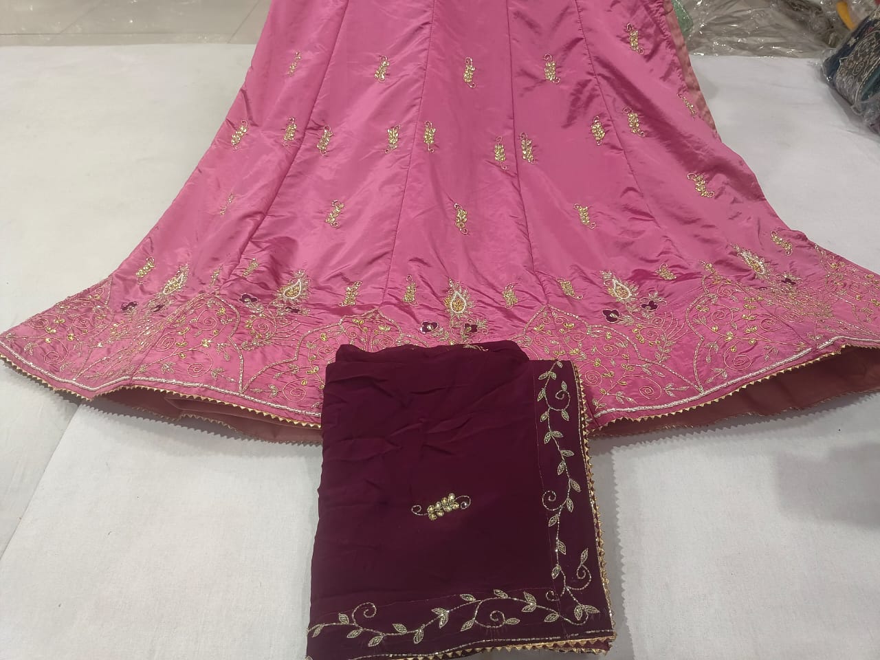 Lehenga with Heavy Gold Embroidered Border & Contrast Dupatta