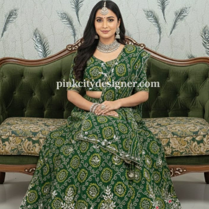 Bandhej Style Lehenga with Floral Embroidery