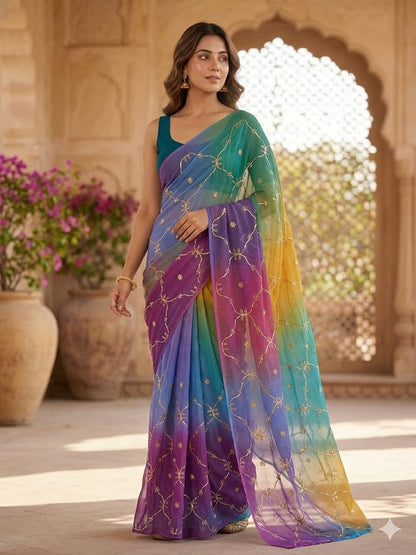 New Georgette Multi Colour Gota Patti Work Saree by pcd