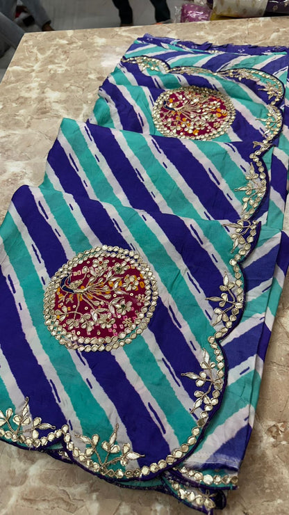 New Premium Traditional Tusser Silk Lehriya Saree with Gota Patti Detailing BY PCD