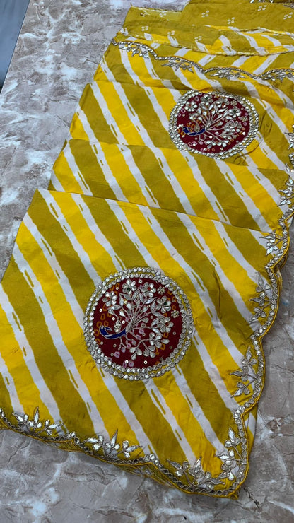 New Premium Traditional Tusser Silk Lehriya Saree with Gota Patti Detailing BY PCD