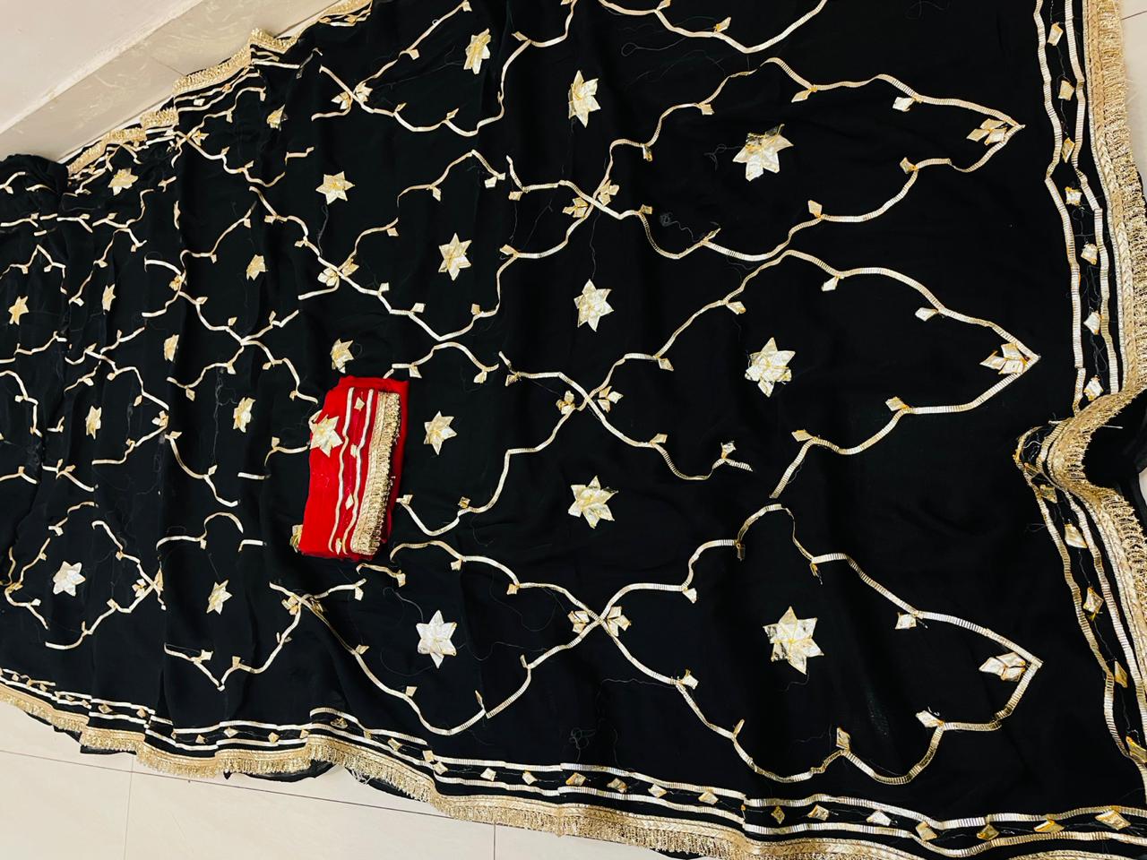 Latest New Chiffon Bollywood Style With Gotapatti Work Saree specal black colour by pcd