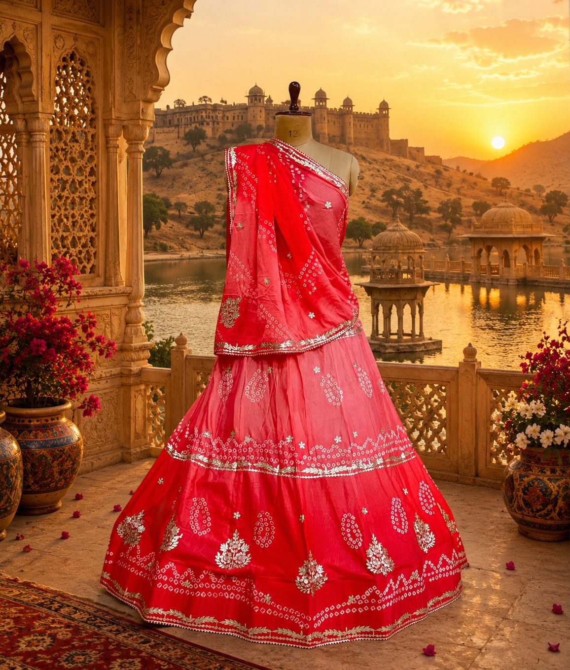 New Chinon Double Shade Bandhani Gota patti work Lehenga by pcd