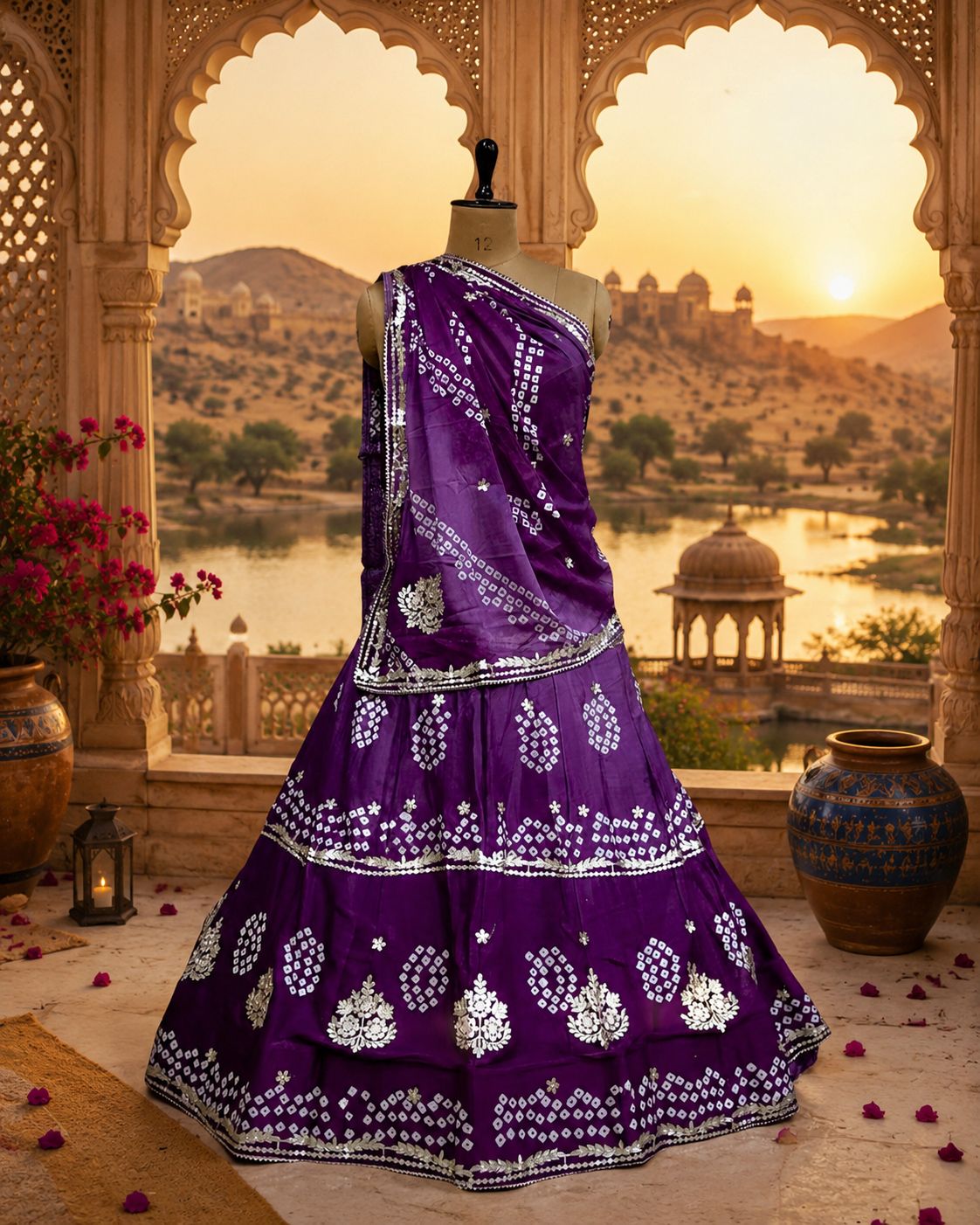 New Chinon Double Shade Bandhani Gota patti work Lehenga by pcd