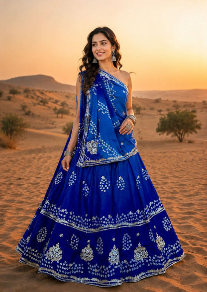 New Chinon Double Shade Bandhani Gota patti work Lehenga by pcd