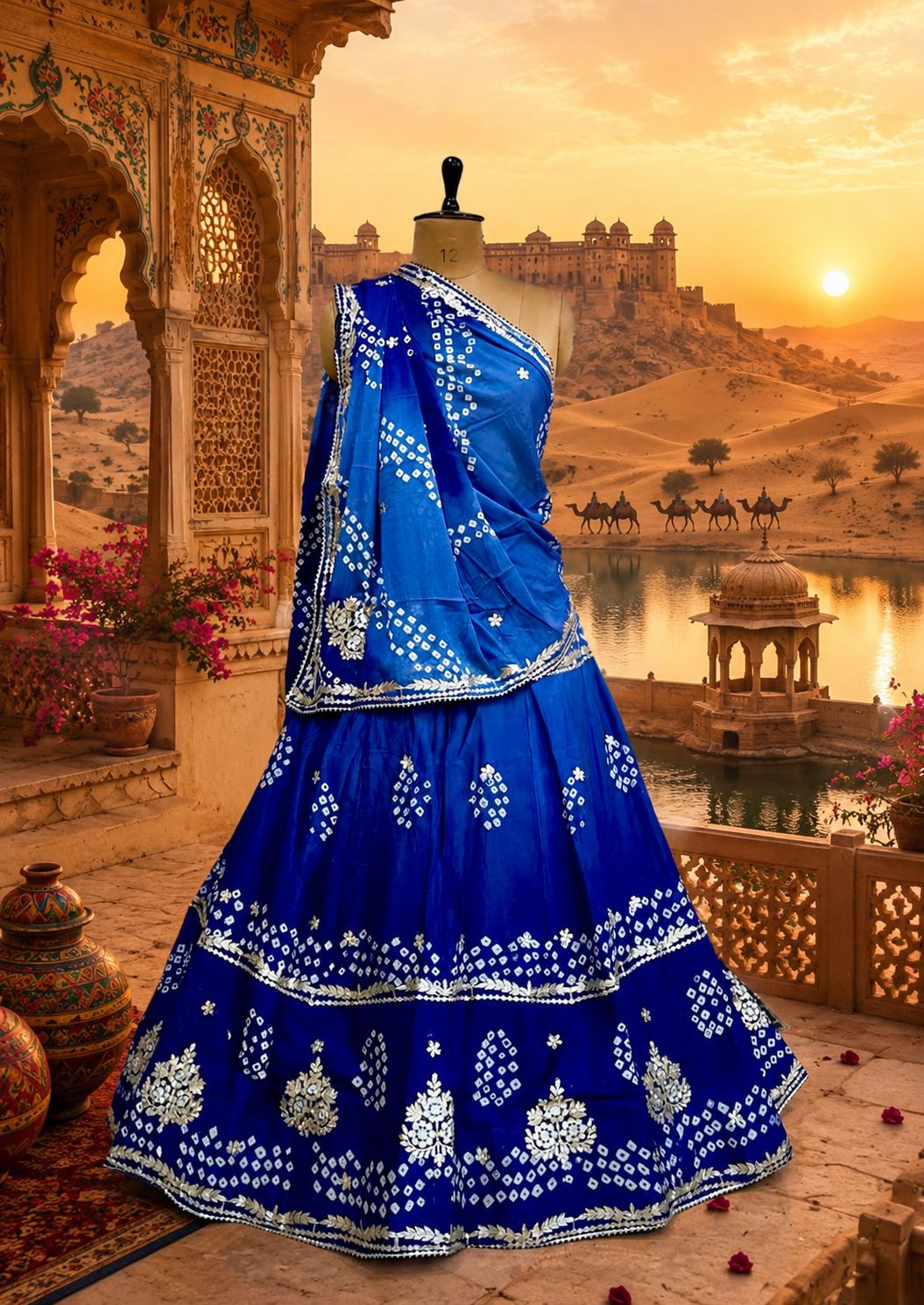 New Chinon Double Shade Bandhani Gota patti work Lehenga by pcd