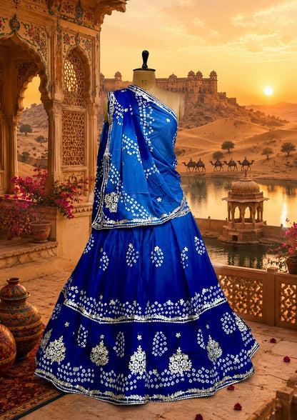 New Chinon Double Shade Bandhani Gota patti work Lehenga by pcd