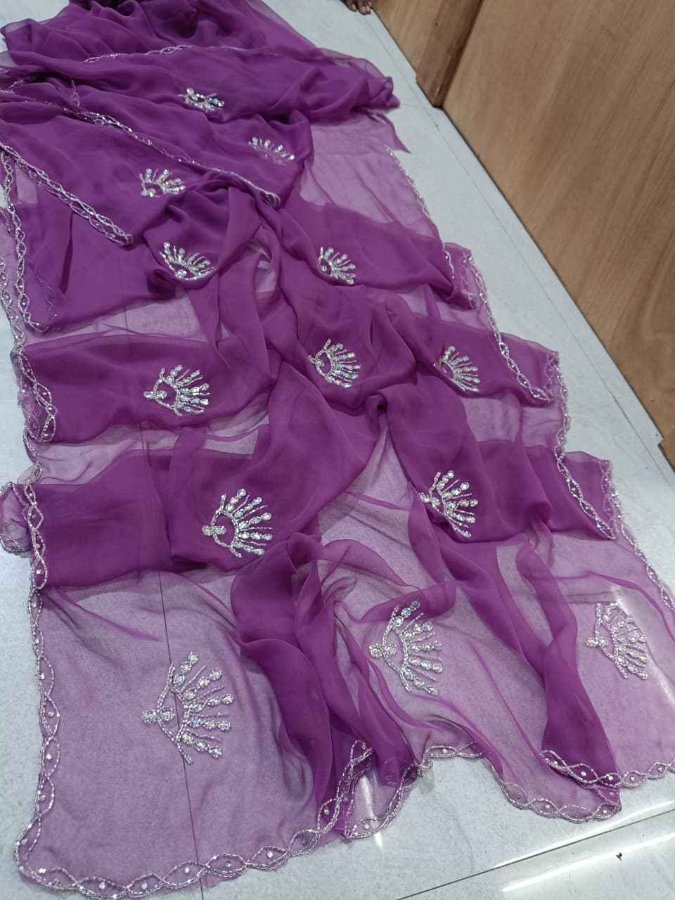 New Designer Georgette Saree with Classic Hand work by pcd