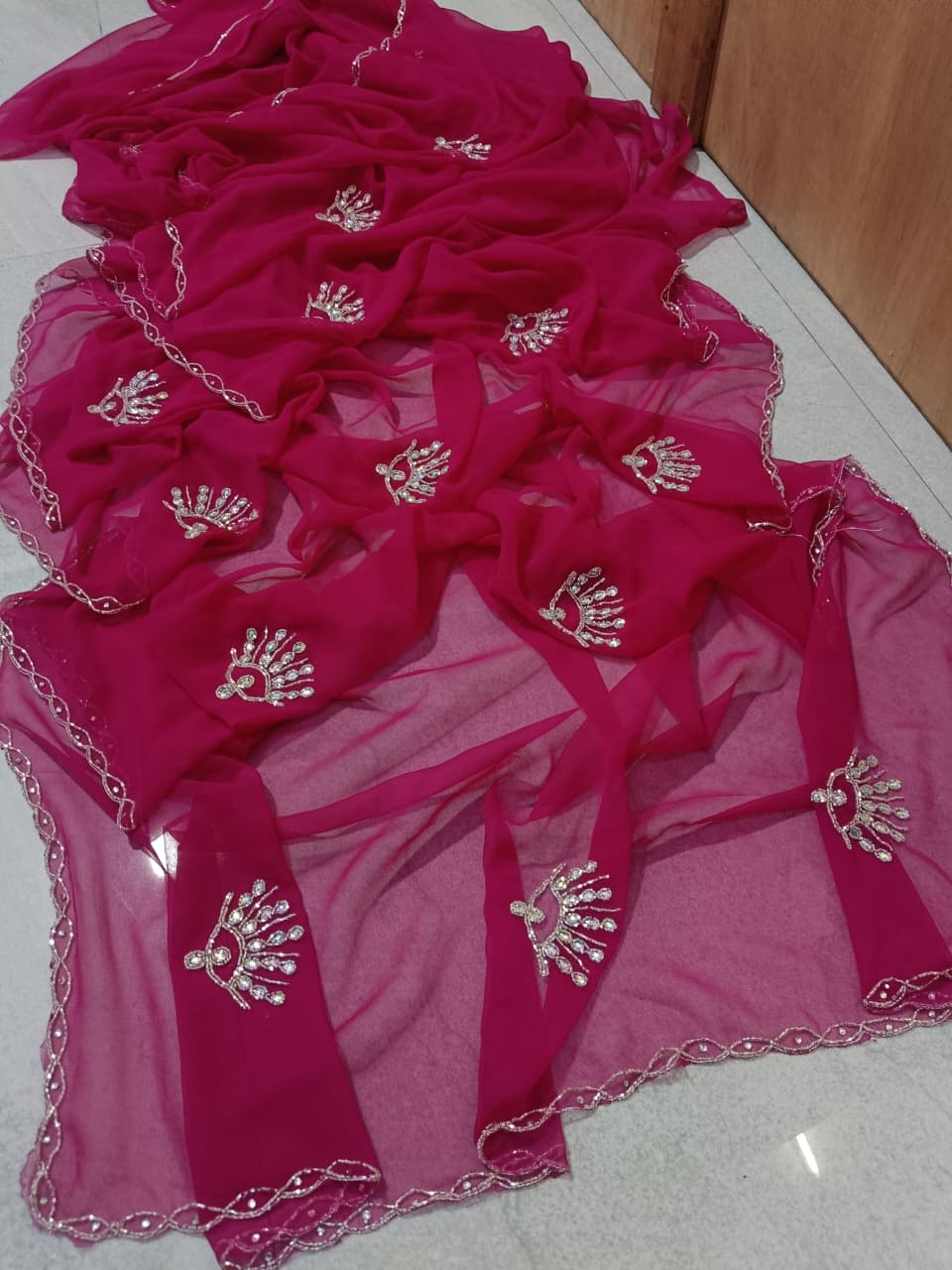 New Designer Georgette Saree with Classic Hand work by pcd