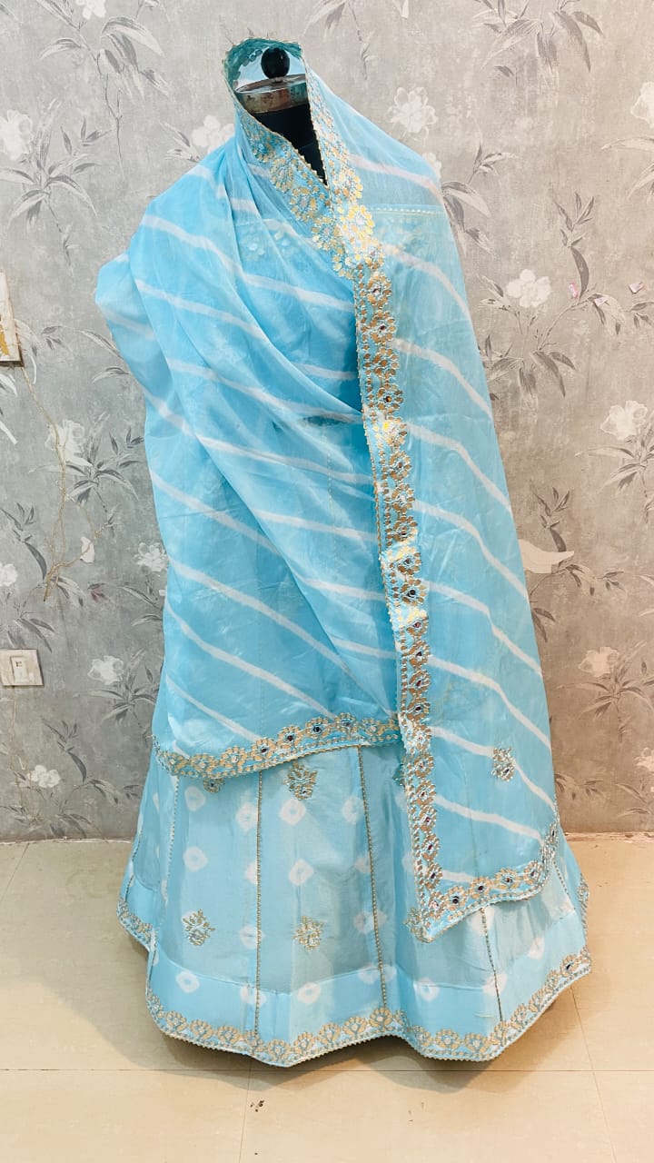 New Traditional Chinon Silk Bandhani Lehenga with Lahriya Rich Gota Patti Details