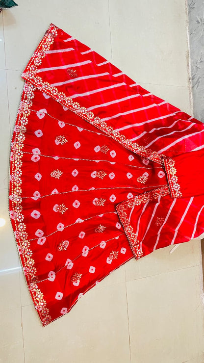 New Traditional Chinon Silk Bandhani Lehenga with Lahriya Rich Gota Patti Details