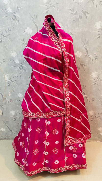 New Traditional Chinon Silk Bandhani Lehenga with Lahriya Rich Gota Patti Details