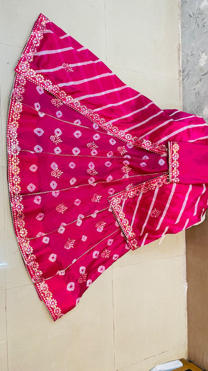 New Traditional Chinon Silk Bandhani Lehenga with Lahriya Rich Gota Patti Details