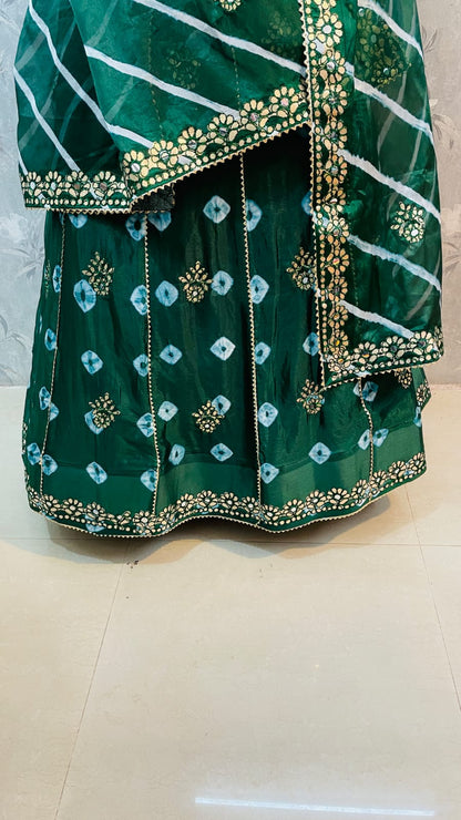 New Traditional Chinon Silk Bandhani Lehenga with Lahriya Rich Gota Patti Details