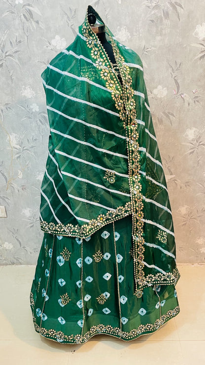 New Traditional Chinon Silk Bandhani Lehenga with Lahriya Rich Gota Patti Details