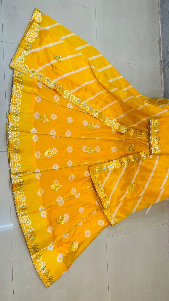 New Traditional Chinon Silk Bandhani Lehenga with Lahriya Rich Gota Patti Details