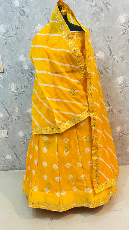 New Traditional Chinon Silk Bandhani Lehenga with Lahriya Rich Gota Patti Details