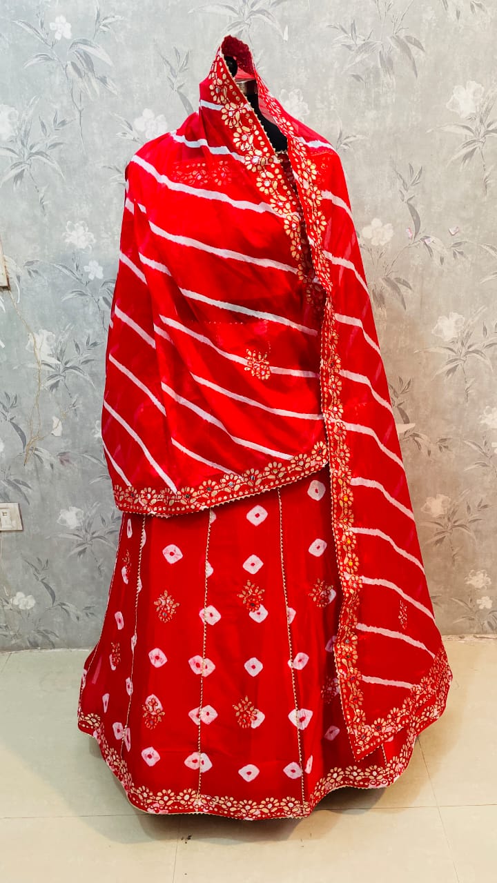 New Traditional Chinon Silk Bandhani Lehenga with Lahriya Rich Gota Patti Details