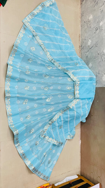 New Traditional Chinon Silk Bandhani Lehenga with Lahriya Rich Gota Patti Details