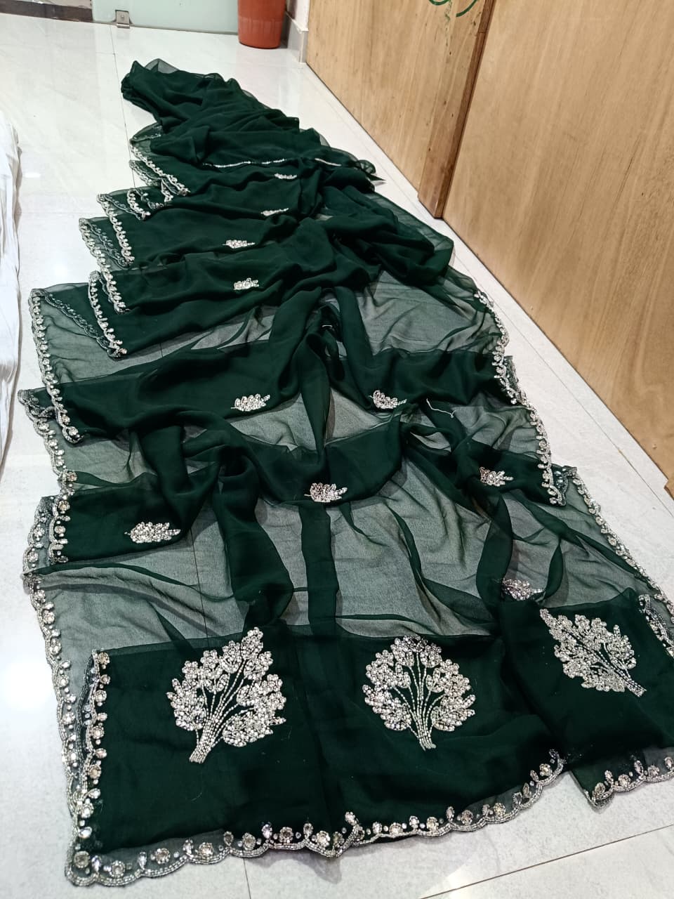 New Elegant Pure Georgette Saree with Handcrafted Tublight work by pcd
