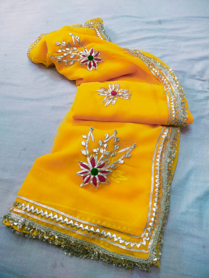 PCD  New Premium Pure Georgette Festive Saree with Traditional Gota Patti Work L buta