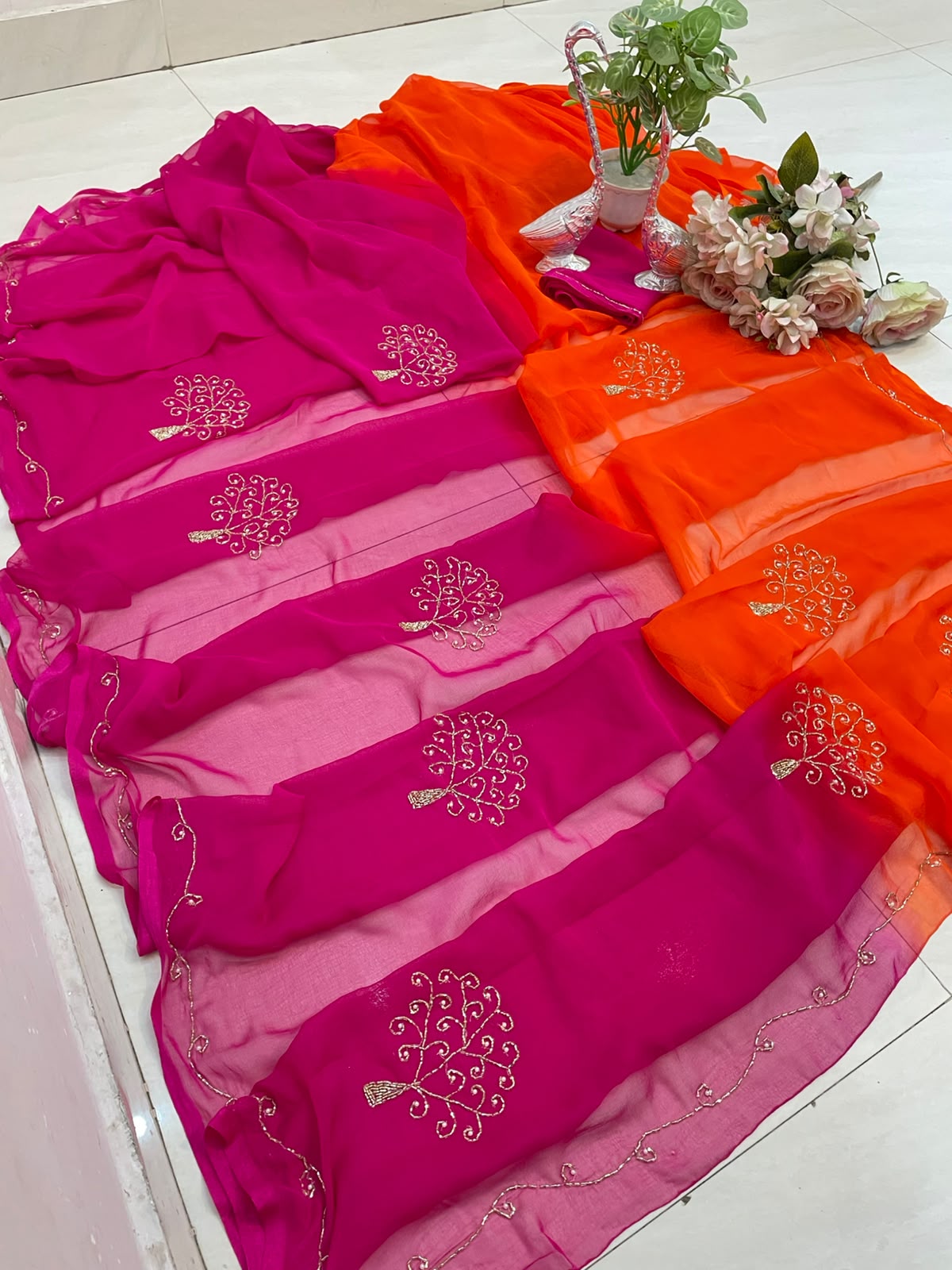 PCD Latest Chiffon Bollywood Style Hand  Work Saree ND DUBAL COLOUR