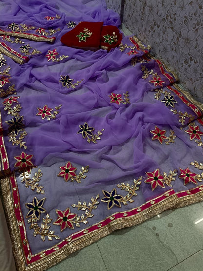 Pcd New Classic Georgette Saree Featuring Handcrafted Kacha Gota Patti Jal Work 1