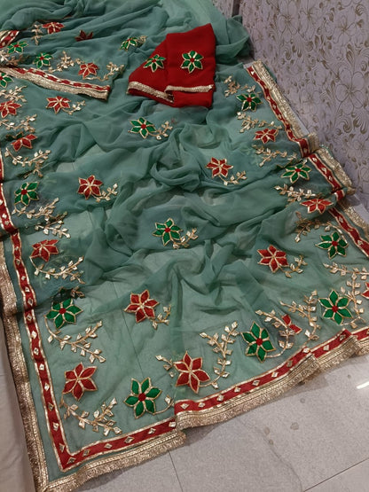 Pcd New Classic Georgette Saree Featuring Handcrafted Kacha Gota Patti Jal Work 1