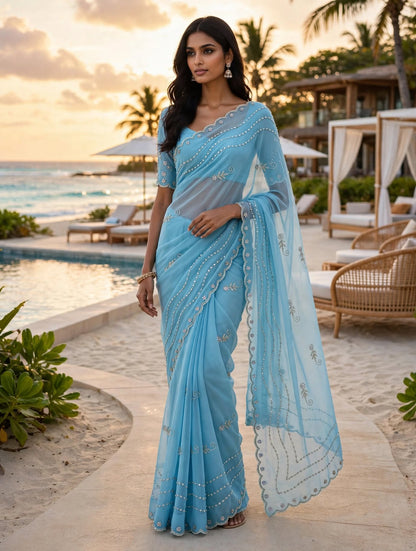 PCD Special Rajasthani Royal Georgette Multicolour Cutdana work Sarees By vj