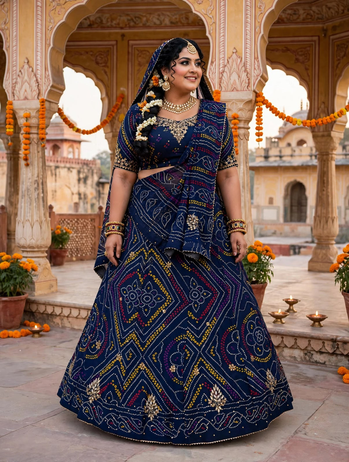 PCD Pure Georgette Bandhani Stone Work Lehenga BLUE