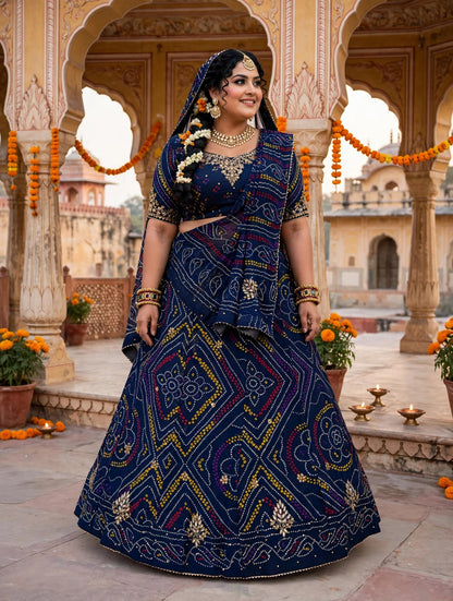 PCD Pure Georgette Bandhani Stone Work Lehenga BLUE
