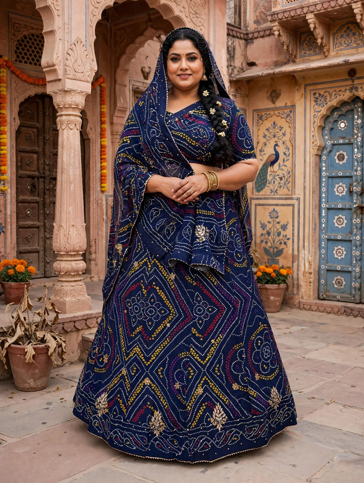PCD Pure Georgette Bandhani Stone Work Lehenga BLUE