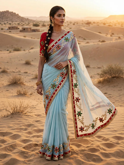 Pcd New Classic Georgette Saree Featuring Handcrafted Kacha Gota Patti Jal Work 1