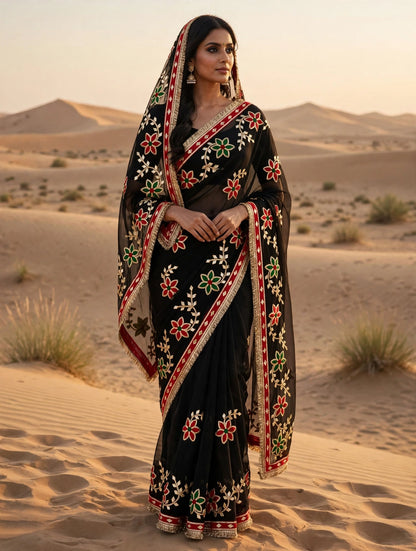 Pcd New Classic Georgette Saree Featuring Handcrafted Kacha Gota Patti Jal Work 1
