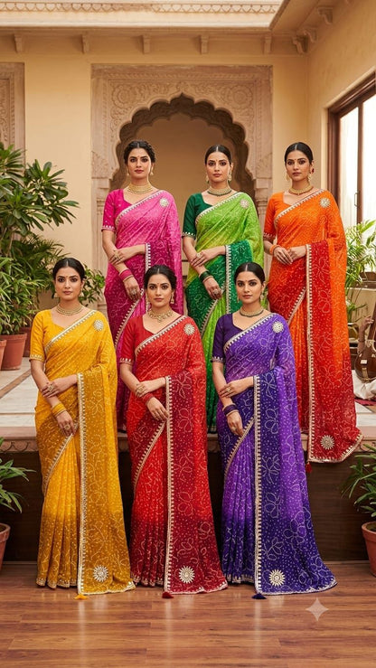 PCD Premium Georgette Multi Color Bandhani Saree with Heavy Gota Patti Work